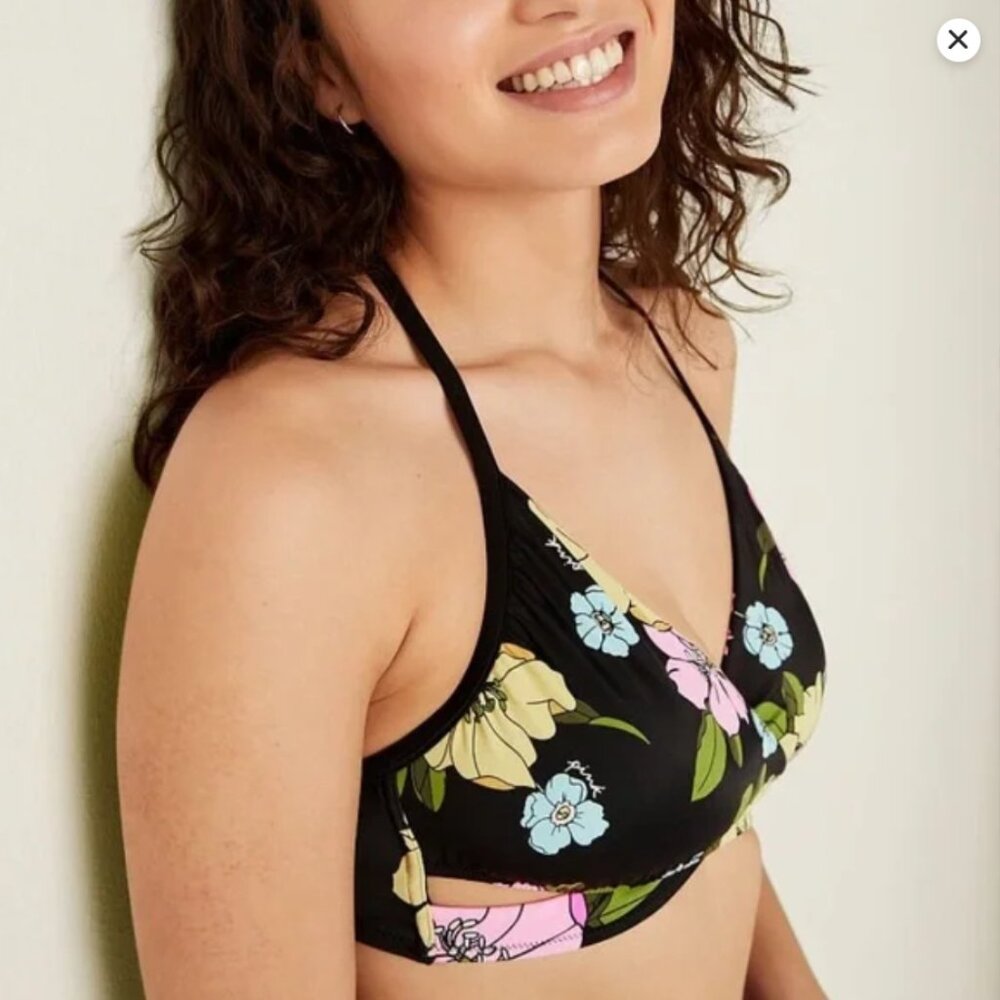 NWT PINK Victoria Secret Black Floral Lightly Padded Cross Bikini Top S 2022